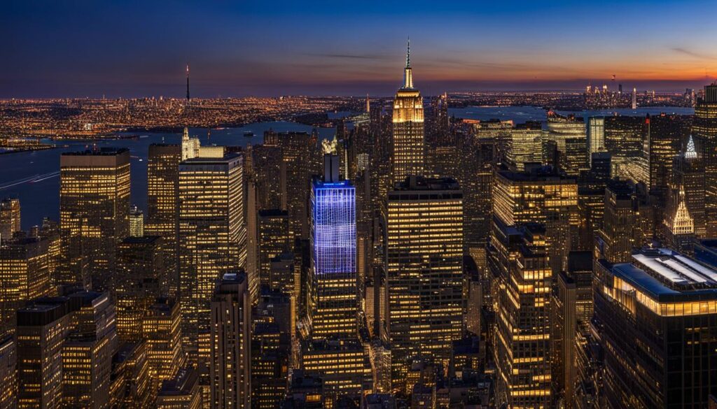 New York City skyline at sunset